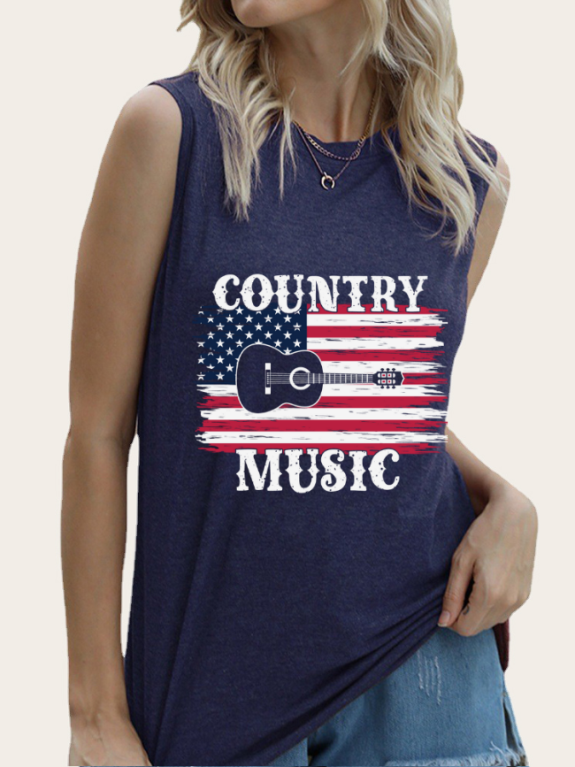 Women's American Flag with Country Music Top Summer Sleeveless Tank Shirt for Cowgirl