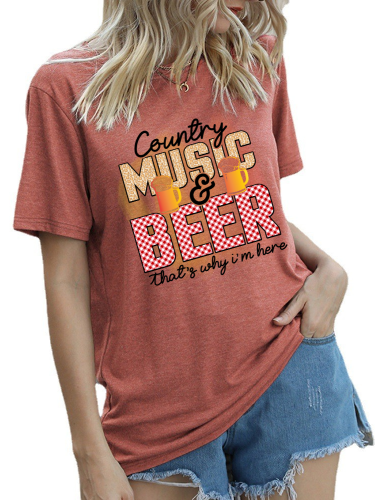 Cowgirl Outfit Tee Country Music with Beer T-Shirt Women's Short Sleeve Crew Neck Loose Caual Top