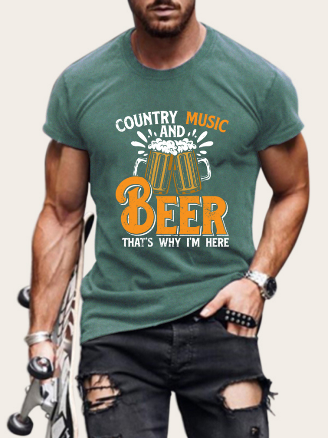 Men's Cowboy Country Music with Beer Pattern Short Sleeve T-Shirt Casual Loose Spring Summer Outfit