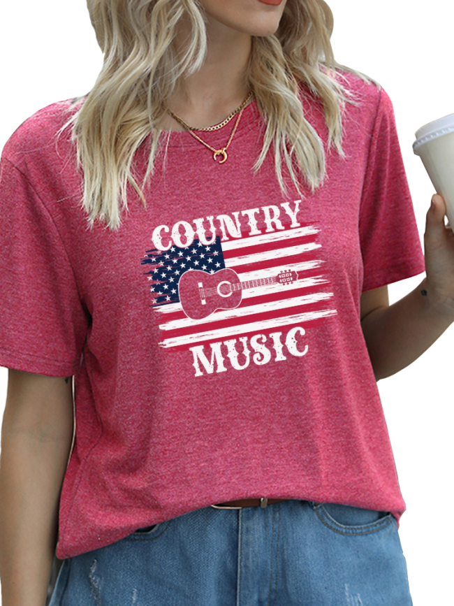 American Flag with Country Music T-Shirt Women's Short Sleeve Crew Neck Loose Caual Top