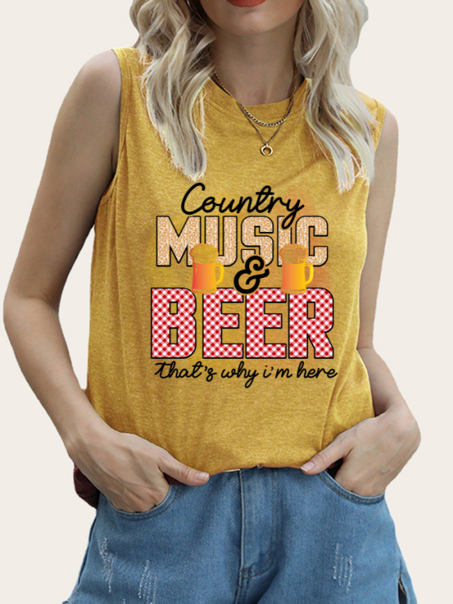 Country Music with Beer Pattern Tank Top Shirt Sleeveless Casual Loose Women's Tank Summer Outfits