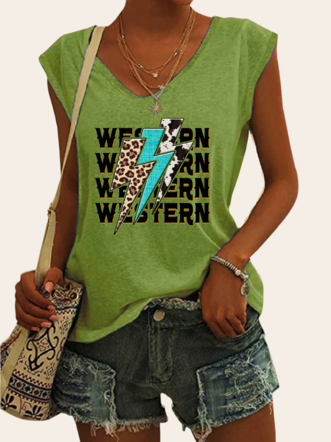 Women's Casual Loose T-Shirts Western Lightning Pattern V-Neck Sleeveless Cowgirl Tank Top