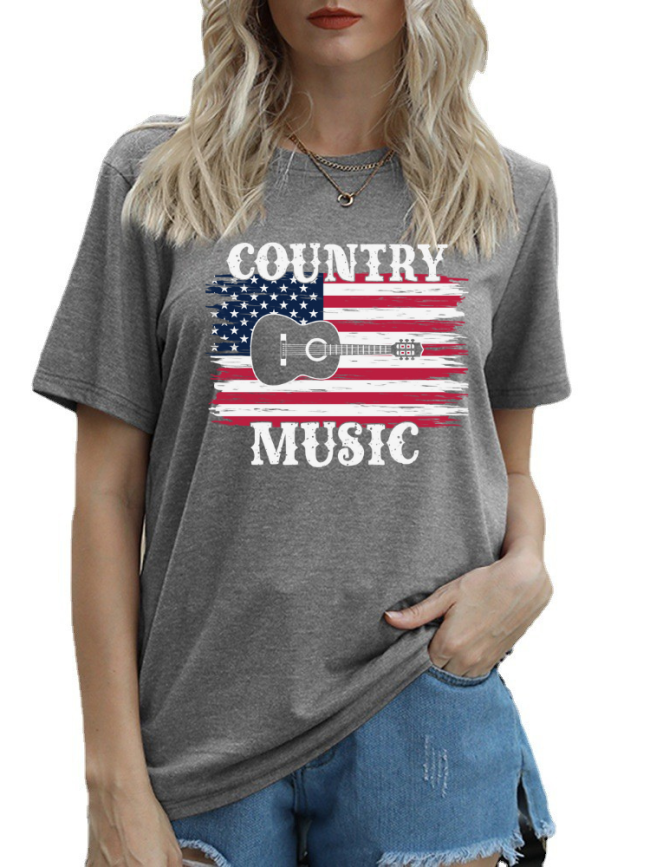 American Flag with Country Music T-Shirt Women's Short Sleeve Crew Neck Loose Caual Top