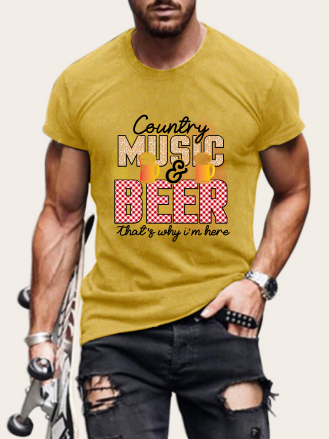 Men's Must Have Short Sleeve T-Shirt Beer with Country Music Pattern Shirt Plus Size Casual Loose Shirt