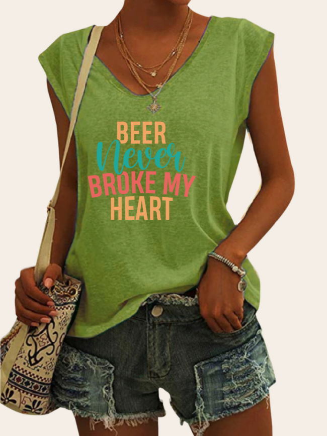 Women's Beer Never Broken My Heart T-Shirt Casual Loose T-Shirts Spring Outfit V-Neck Sleeveless Tank Top