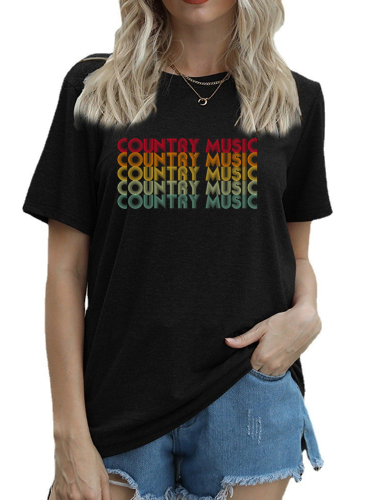 Rainbow Color Country Music T-Shirt Women's Short Sleeve Crew Neck Loose Caual Top
