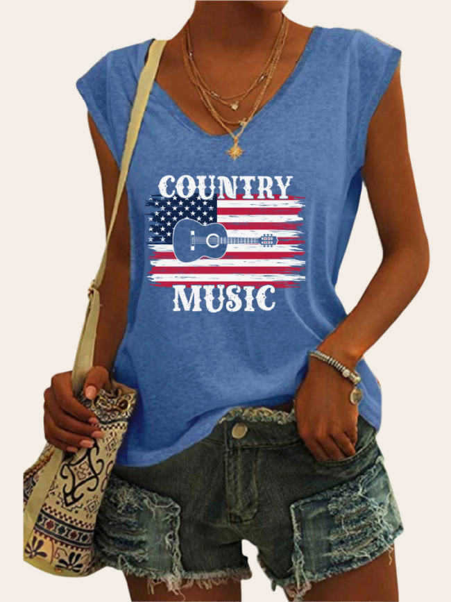 Women's Casual Loose T-Shirts American Flag with Country Music Pattern V-Neck Sleeveless Tank Top