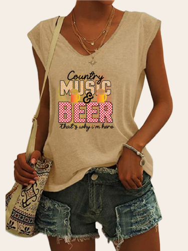 Women Country Music with Beer Pattern Shirt Casual Loose T-Shirts V-Neck Sleeveless Tank Top for Summer Outfit