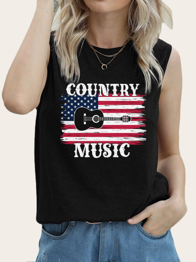 Women's American Flag with Country Music Top Summer Sleeveless Tank Shirt for Cowgirl