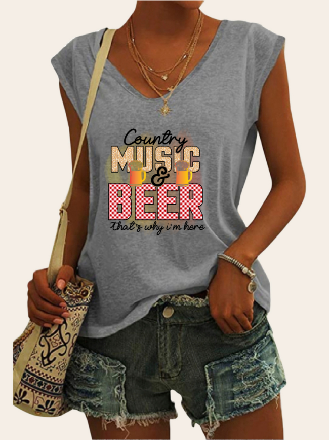 Women Country Music with Beer Pattern Shirt Casual Loose T-Shirts V-Neck Sleeveless Tank Top for Summer Outfit