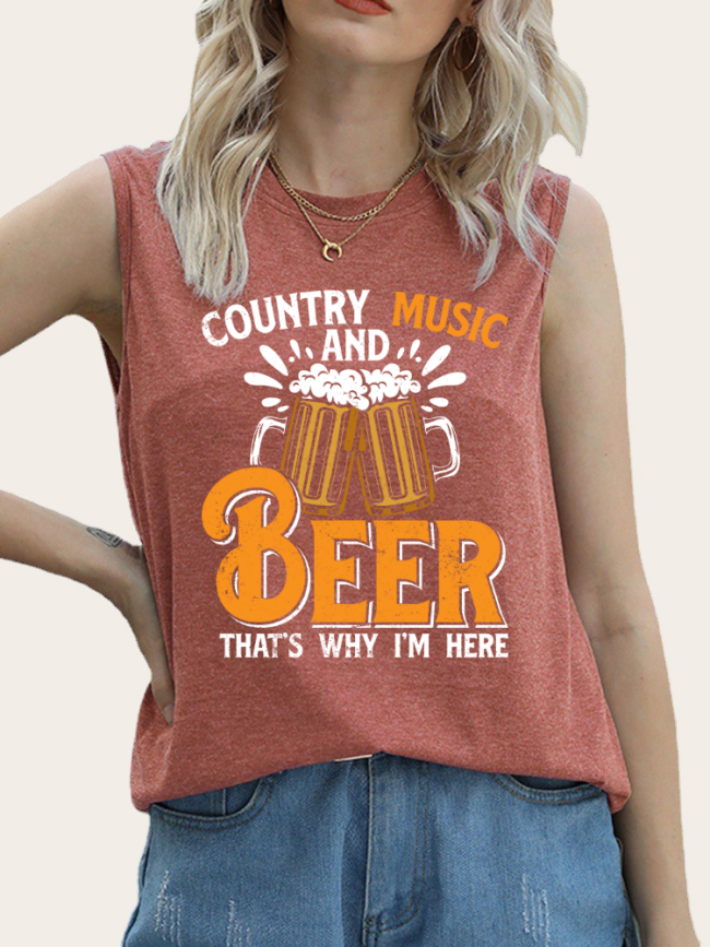 Women's Loose Country Music with Beer Tank Top Shirt Summer Outfit Sleeveless Casual Loose Tank