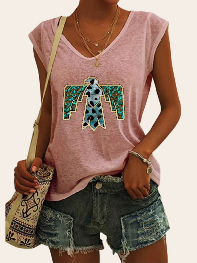 Women's Casual Loose T-Shirts Geometric Western Eagle Pattern V-Neck Sleeveless Tank Top