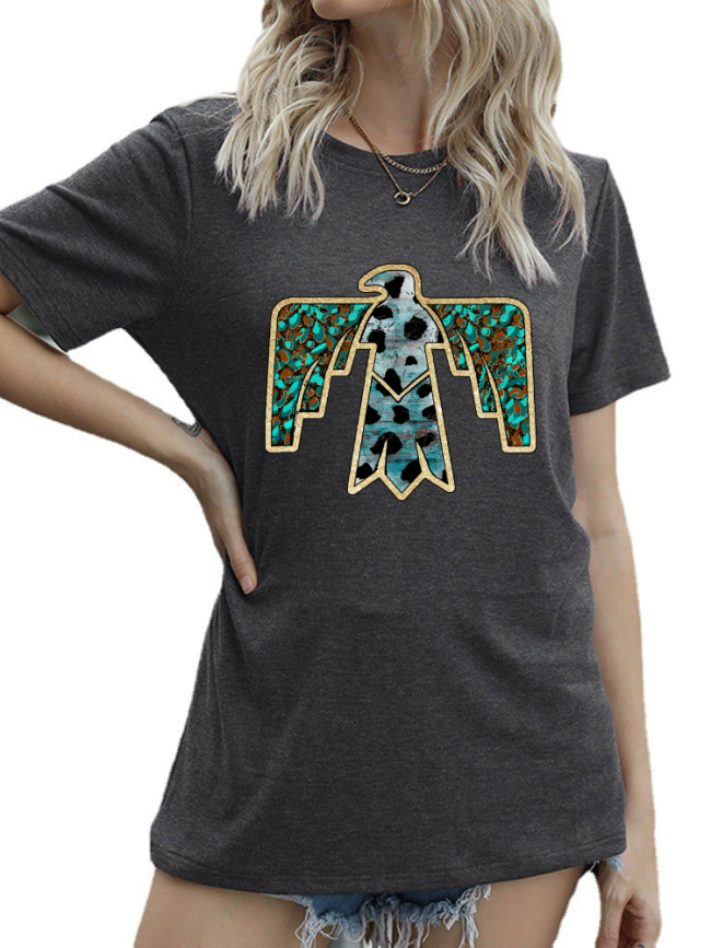 Native Eagle Pattern Shirt Women's Causal Loose Short Sleeve Top Spring Must-Have Shirt