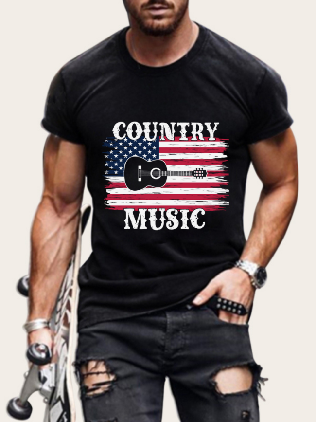 Men's Short Sleeve T-Shirt American Flag Country Music Pattern Shirt Plus Size Casual Loose Shirt S-5XL Oversized