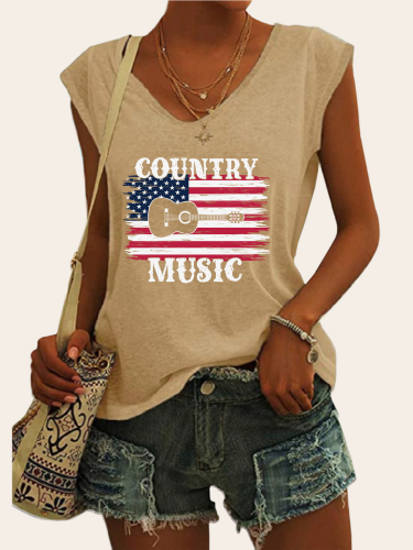 Women's Casual Loose T-Shirts American Flag with Country Music Pattern V-Neck Sleeveless Tank Top