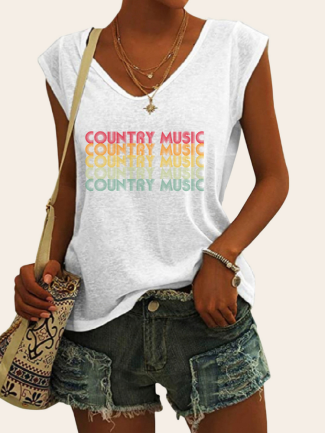 Rainbow Color Country Music Shirt Women's Casual Loose T-Shirts V-Neck Sleeveless Tank Top