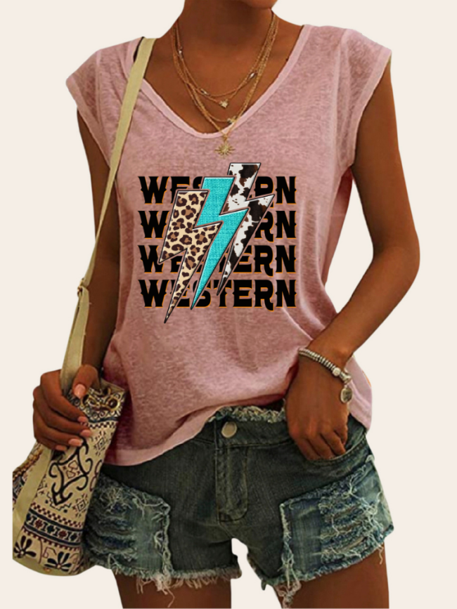 Women's Casual Loose T-Shirts Western Lightning Pattern V-Neck Sleeveless Cowgirl Tank Top