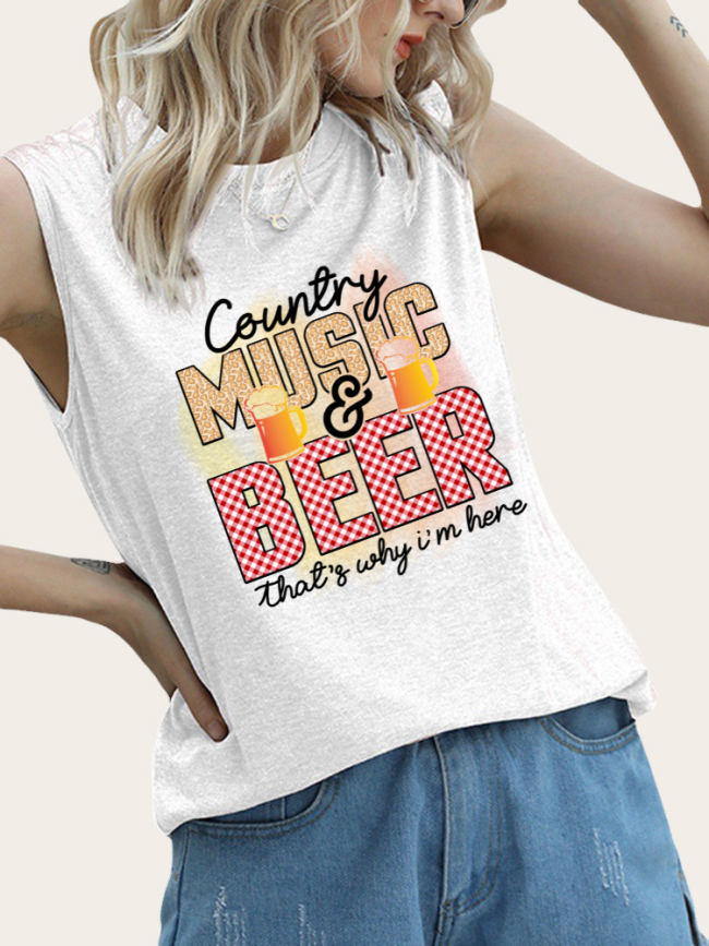 Country Music with Beer Pattern Tank Top Shirt Sleeveless Casual Loose Women's Tank Summer Outfits