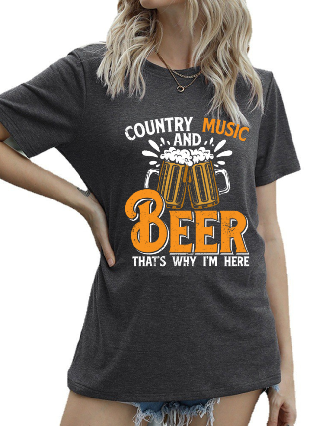Country Music with Beer Casual T-Shirt Women's Short Sleeve Crew Neck Loose Top