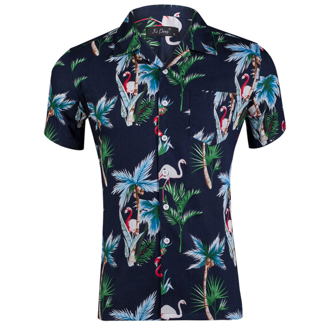 Mens Tropical Aloha Printed Shirts Funky Beach Hawaiian Shirt Button Down Casual Short Sleeve Green Leaf T-Shirt