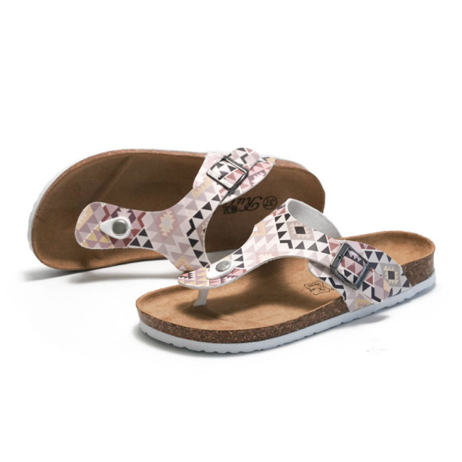 2022 New Aztec Pattern Geometric Cork Big Buckle Slippers Female Summer Student Beach Shoes