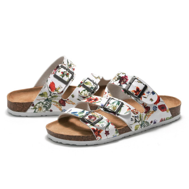 Women'S Summer Floral Pattern Flip-Flops Big Buckle Cork Beach Shoes