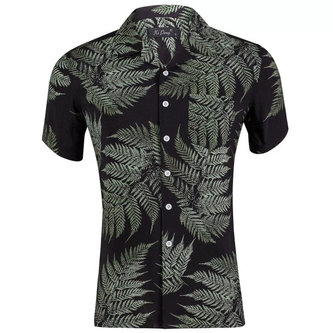 Mens Tropical Aloha Printed Shirts Funky Beach Hawaiian Shirt Button Down Casual Short Sleeve Green Leaf T-Shirt