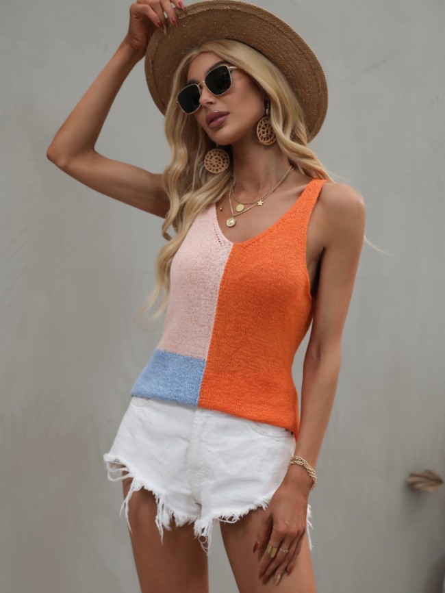 Women U Neckline Knitting Tank Top contrast Color Summer Beach Leisure Wear