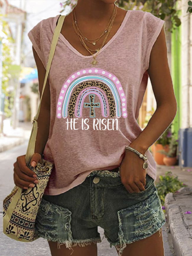 Easter Graphic Tees Women's Casual Loose T-Shirts Rainbow He is Risen Funny Word Tshirt V-Neck Tee