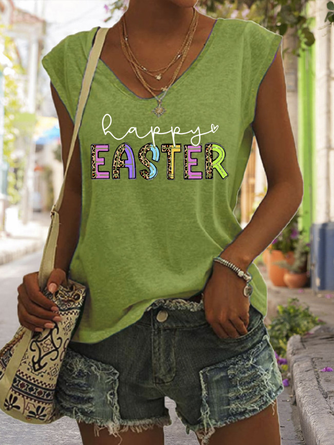 Colorful Happy Easter Letter Graphic Tees Women's Casual Loose V-Neck Sleeveless T-Shirt Top Outfit