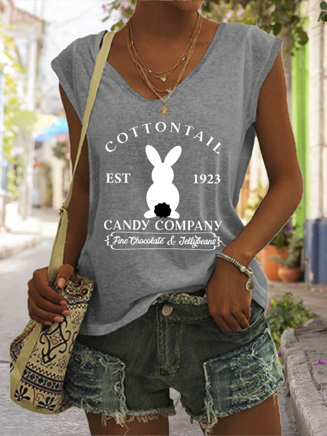 Cottontail Funny Word Tshirt Easter Outfit Graphic Tees Women's Casual Loose T-Shirts Cute Rabbit Pattern V-Neck Sleeveless Tank Top