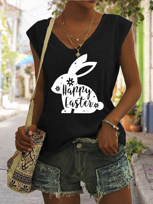 Easter Outfit Graphic Tees Women's Casual Loose T-Shirts Cute Rabbit Pattern V-Neck Sleeveless Tank Top