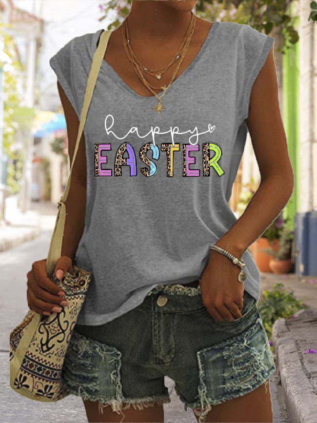 Colorful Happy Easter Letter Graphic Tees Women's Casual Loose V-Neck Sleeveless T-Shirt Top Outfit