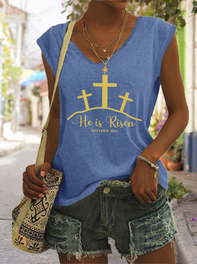 He is Risen Cross Pattern Funny Easter Outfit Graphic Tees Women's Casual Loose V-Neck Sleeveless Tank Top