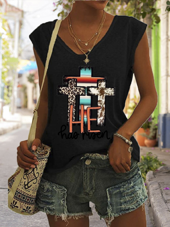 Easter Graphic Tees Women's Casual Loose T-Shirts God Cross Pattern V-Neck Sleeveless Tank Top