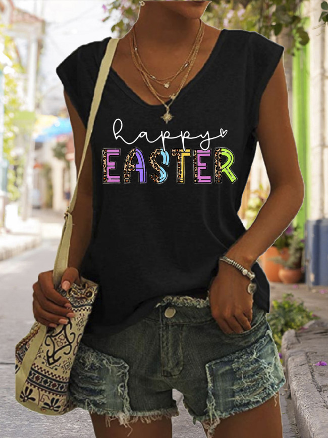 Colorful Happy Easter Letter Graphic Tees Women's Casual Loose V-Neck Sleeveless T-Shirt Top Outfit