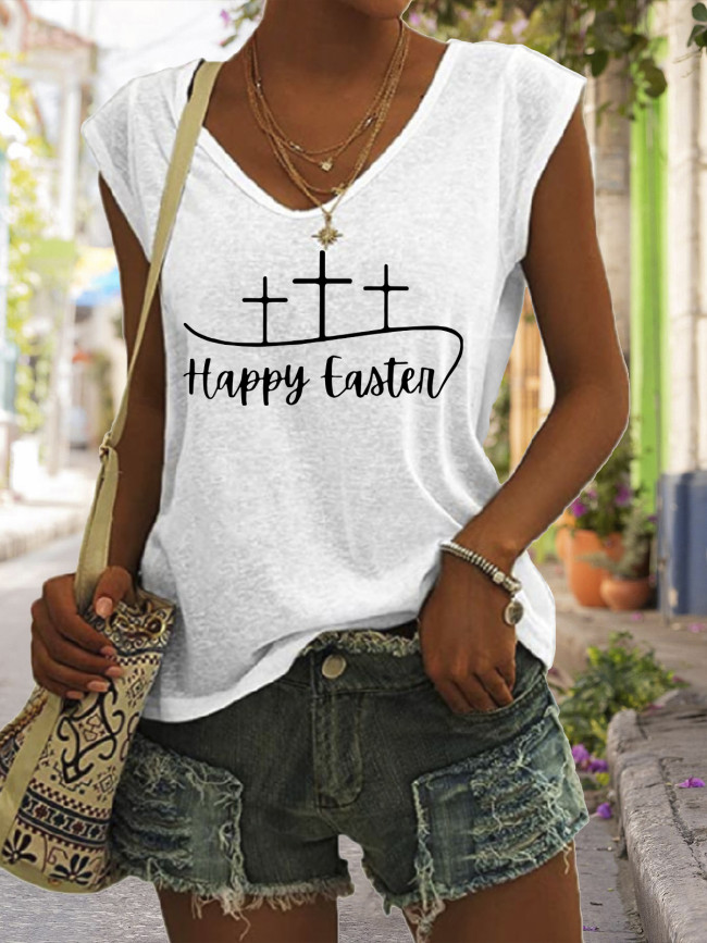 Happy Easter Outfit Graphic Tees Women's Casual Loose T-Shirts V-Neck Sleeveless Tank Top Cross Faith Tee