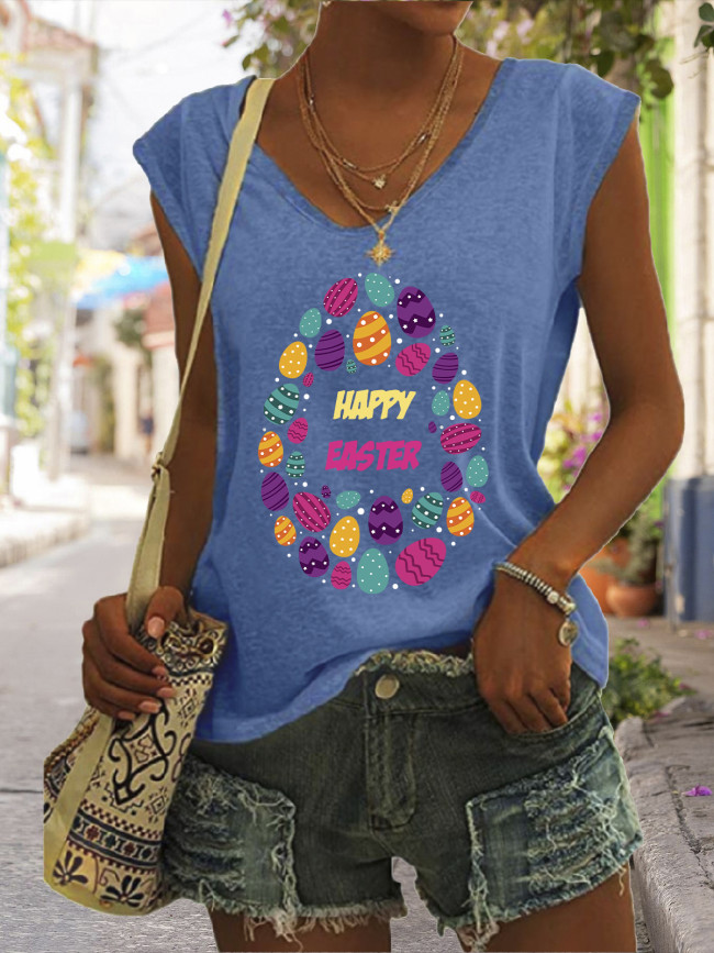 Multicolor Easter Eggs Happy Easter Graphic Tees Women's Casual Loose  V-Neck T-Shirts Top