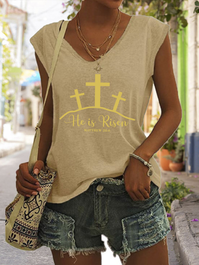 He is Risen Cross Pattern Funny Easter Outfit Graphic Tees Women's Casual Loose V-Neck Sleeveless Tank Top