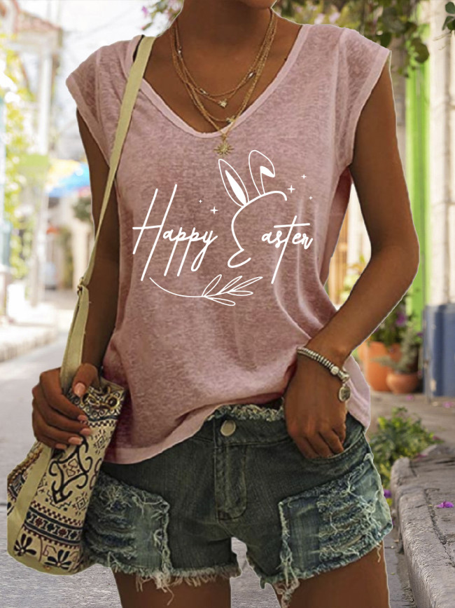 Happy Easter with Bunny Graphic Tees Women's Casual Loose V-Neck Sleeveless Tank Top