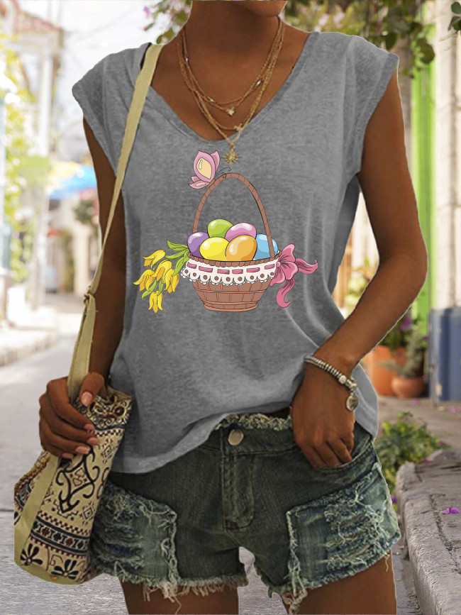 Colorful Easter Eggs in Basket Graphic Tees Women's Casual Loose T-Shirts V-Neck Tank Top