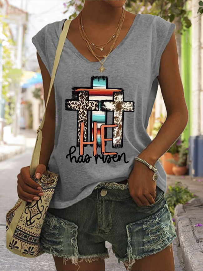 Easter Graphic Tees Women's Casual Loose T-Shirts God Cross Pattern V-Neck Sleeveless Tank Top