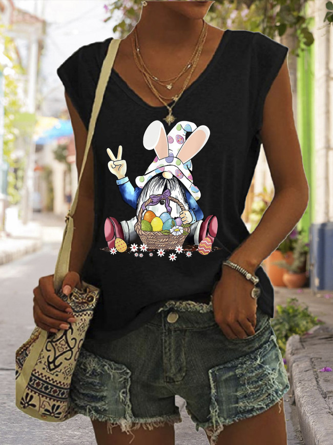 Bunny with Colorful  Easter Egg Graphic Tees Women's Casual Loose V-Neck Sleeveless Top T-Shirts