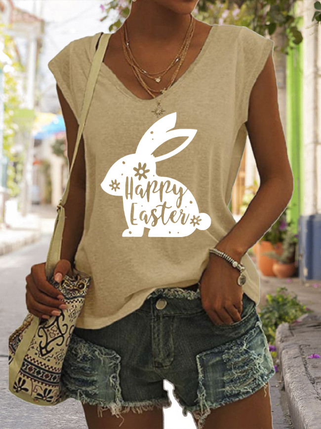 Easter Outfit Graphic Tees Women's Casual Loose T-Shirts Cute Rabbit Pattern V-Neck Sleeveless Tank Top