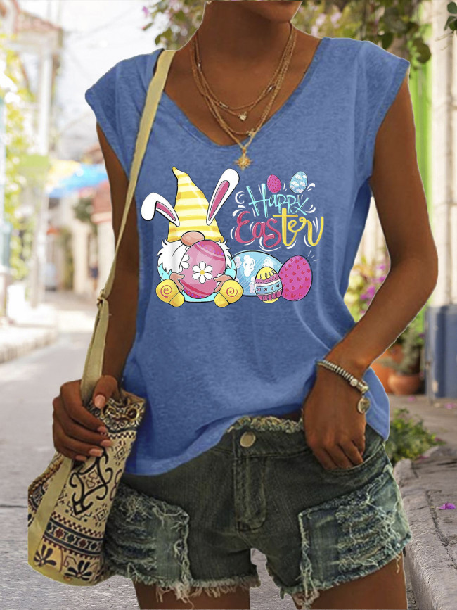 Happy Easter Rabbit with Easter Eggs Graphic Tshirt Women's Casual Loose V-Neck Tee Top