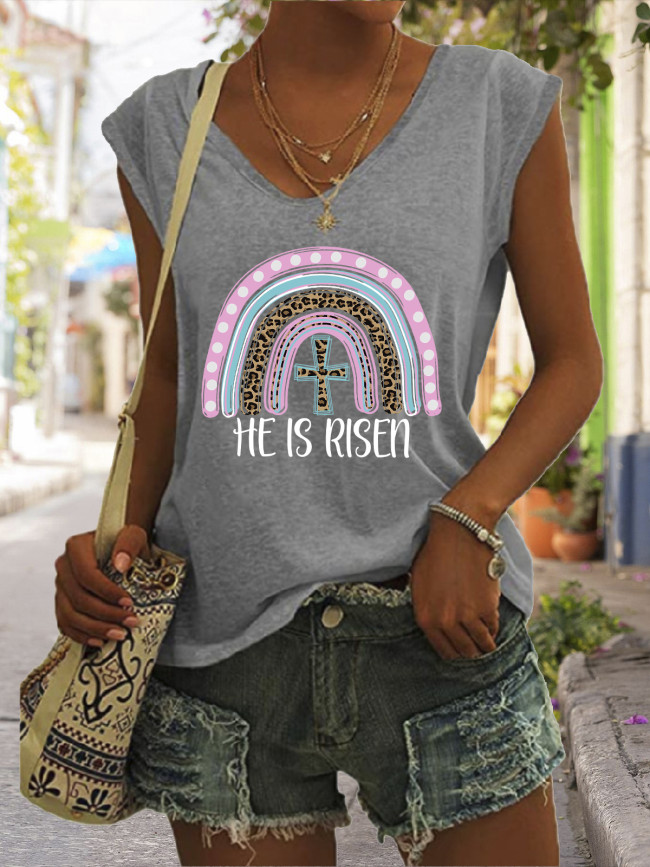 Easter Graphic Tees Women's Casual Loose T-Shirts Rainbow He is Risen Funny Word Tshirt V-Neck Tee