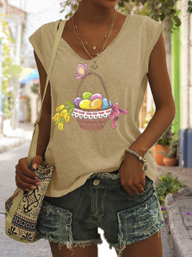 Colorful Easter Eggs in Basket Graphic Tees Women's Casual Loose T-Shirts V-Neck Tank Top