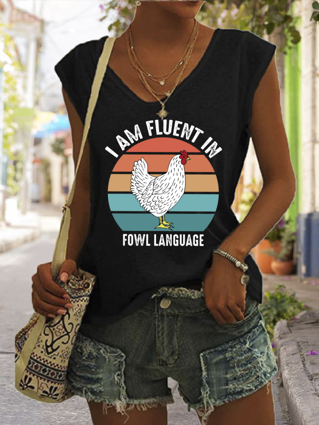 I am Fluent in fowl language Funny Saying Tshirt Easter Outfit Graphic Tees Women's Casual Loose V-Neck Sleeveless Tank Top