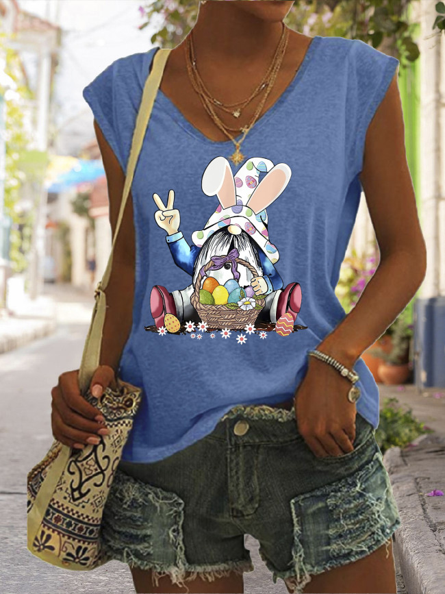 Bunny with Colorful  Easter Egg Graphic Tees Women's Casual Loose V-Neck Sleeveless Top T-Shirts