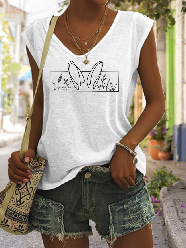 Easter Outfit Graphic Tees Women's Casual Loose V-Neck T-Shirts Top Minimalist Rabbit Pattern